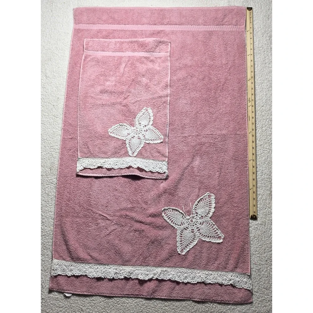 Vintage Cannon Pink Cotton Towel Set Butterfly Crochet Lace Trim Made in USA